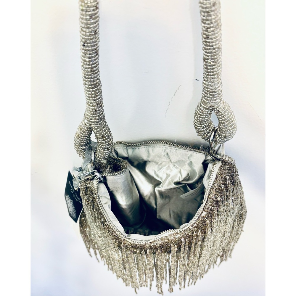 Bling Beaded Silver Fringe Hand Sewn Beading Evening Handbag, Top Zip NWT - Picture 4 of 10